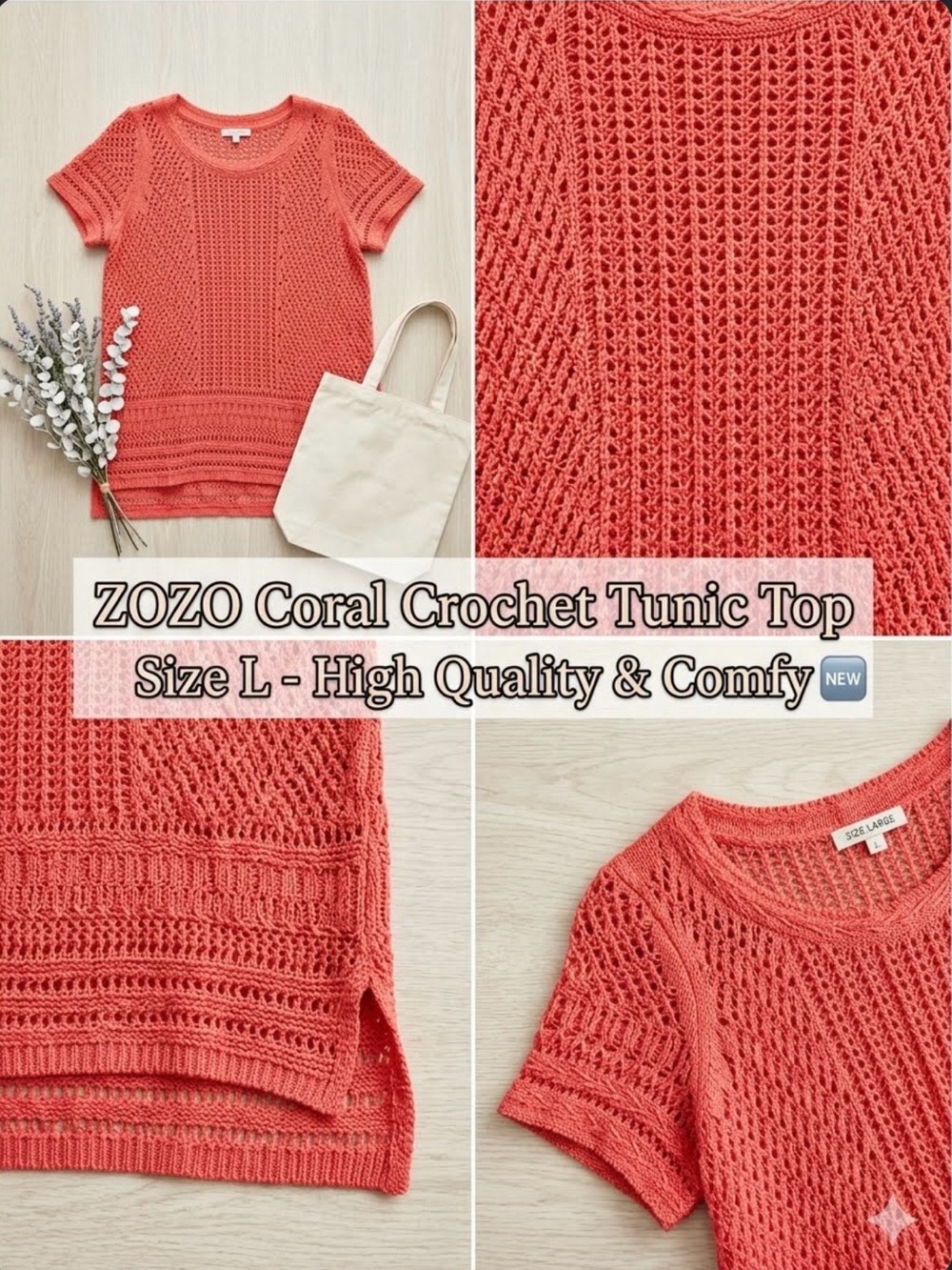 🆕 ZOZO Coral Open-Knit Crochet Sweater Tunic Top Size L ✨